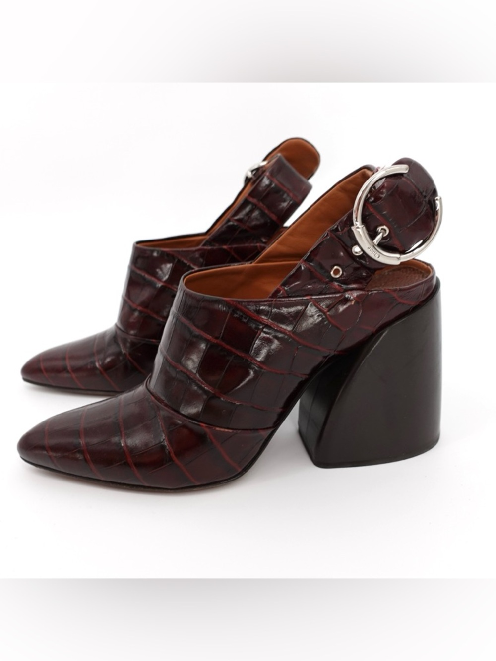 Chloé Croc Embossed Slingback Mule Block Heel Burgundy EU 38